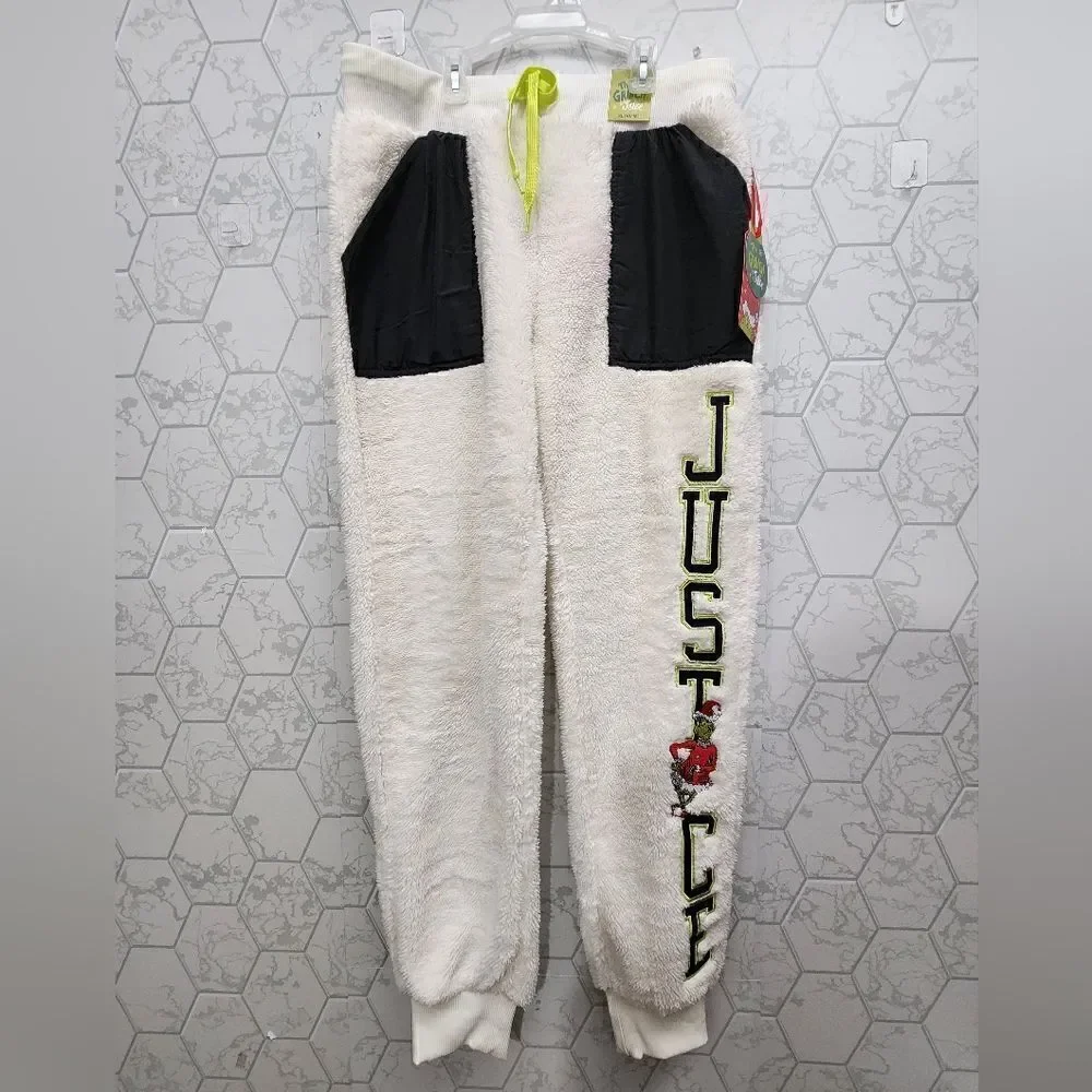 New Girls Justice The Grinch Joggers White Sherpa Christmas
